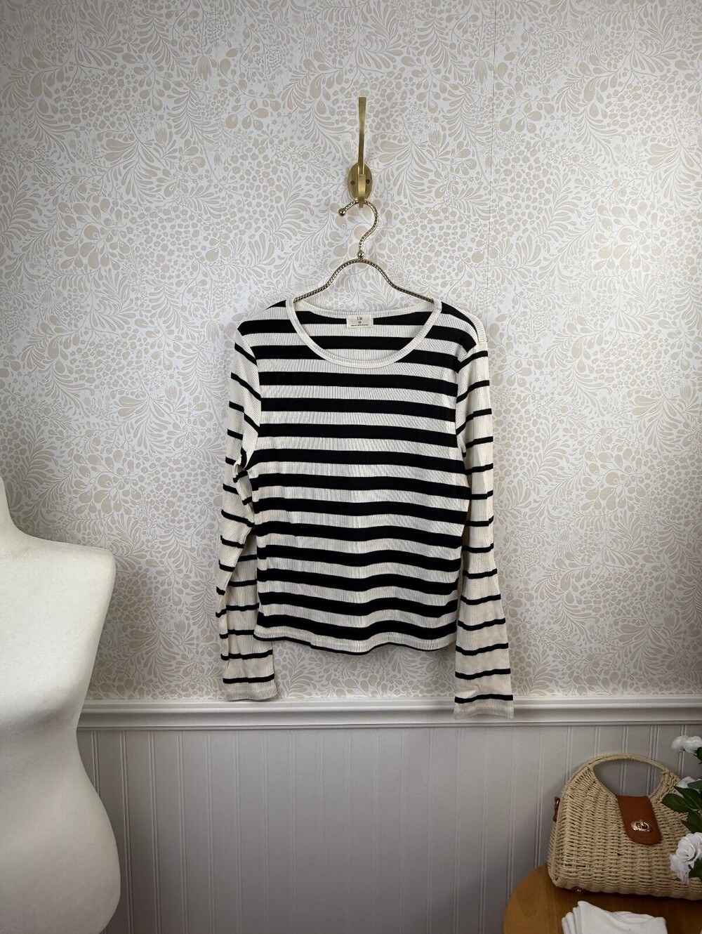 T.la by Anthropologie Black & White Striped Long Sleeve Rib Shirt - Size - XLP